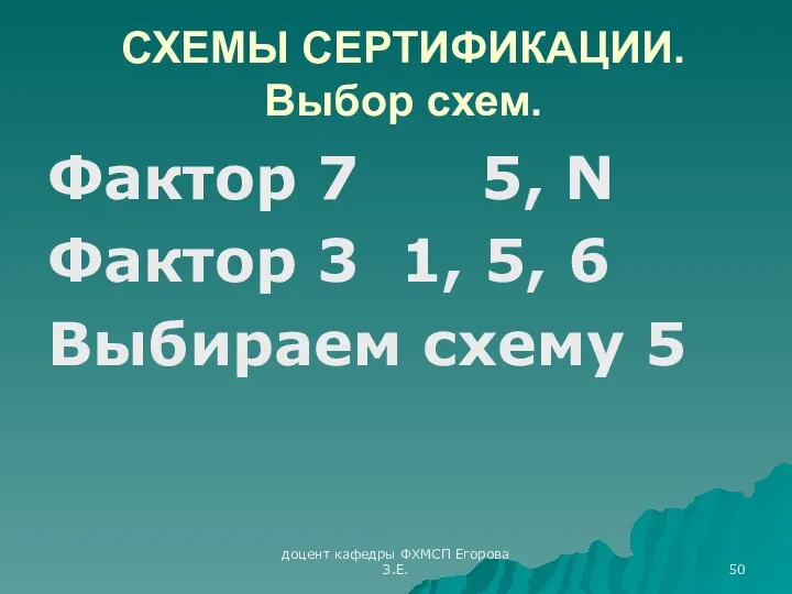 доцент кафедры ФХМСП Егорова З.Е. СХЕМЫ СЕРТИФИКАЦИИ. Выбор схем. Фактор 7