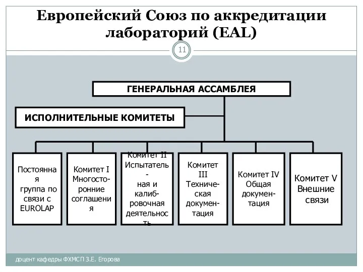 доцент кафедры ФХМСП З.Е. Егорова Европейский Союз по аккредитации лабораторий (EAL)