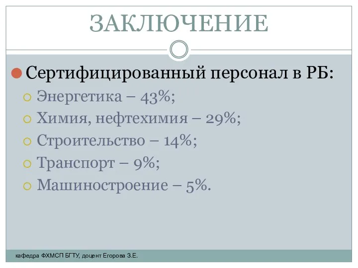 ЗАКЛЮЧЕНИЕ Сертифицированный персонал в РБ: Энергетика – 43%; Химия, нефтехимия –