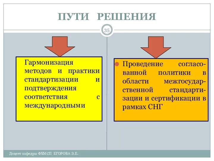 Доцент кафедры ФХМСП ЕГОРОВА З.Е. ПУТИ РЕШЕНИЯ Гармонизация методов и практики