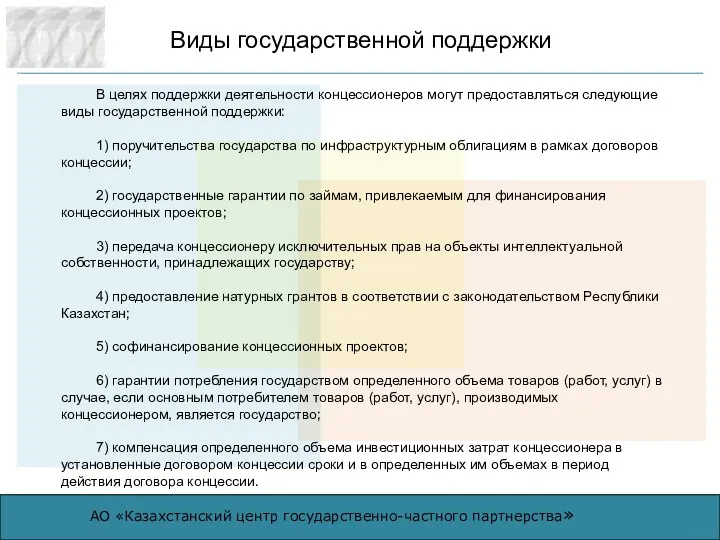 Виды государственной поддержки В целях поддержки деятельности концессионеров могут предоставляться следующие