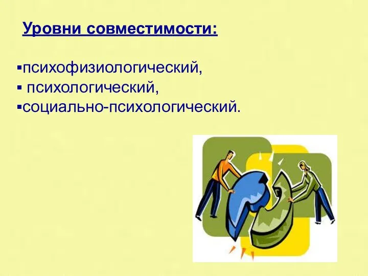 Уровни совместимости: психофизиологический, психологический, социально-психологический. Уровни совместимости: психофизиологический, психологический, социально-психологический.