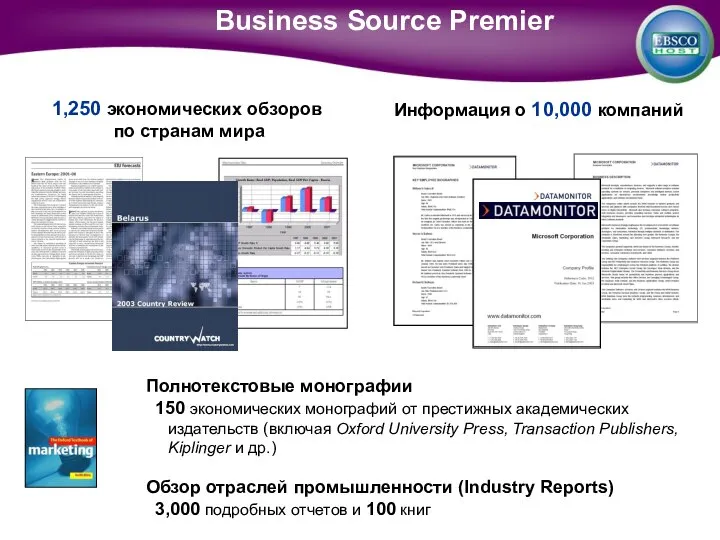 1,250 экономических обзоров по странам мира Информация о 10,000 компаний Полнотекстовые