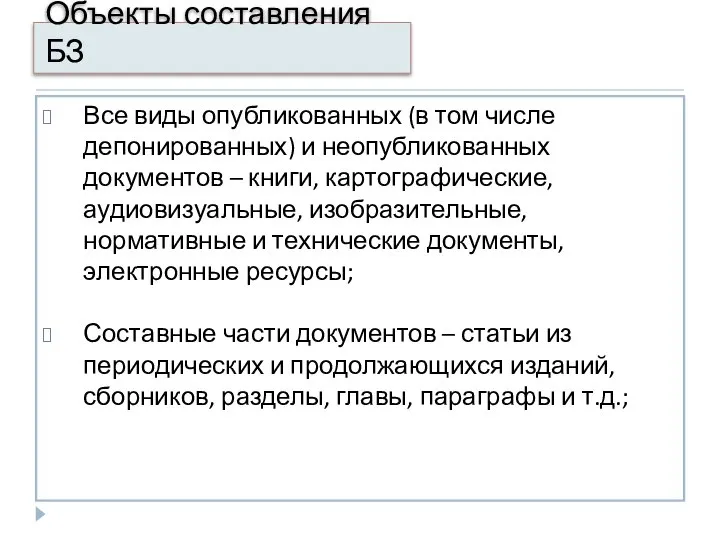 Объекты составления БЗ Все виды опубликованных (в том числе депонированных) и