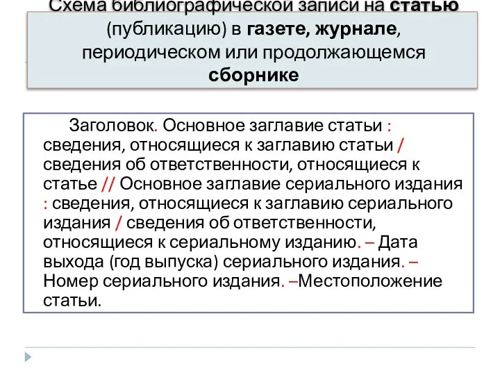 Схема библиографической записи на статью (публикацию) в газете, журнале, периодическом или