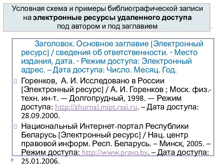 Условная схема и примеры библиографической записи на электронные ресурсы удаленного доступа