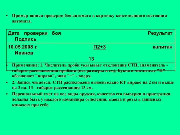 Пример записи проверки боя автомата в карточку качественного состояния автомата. Примечание: