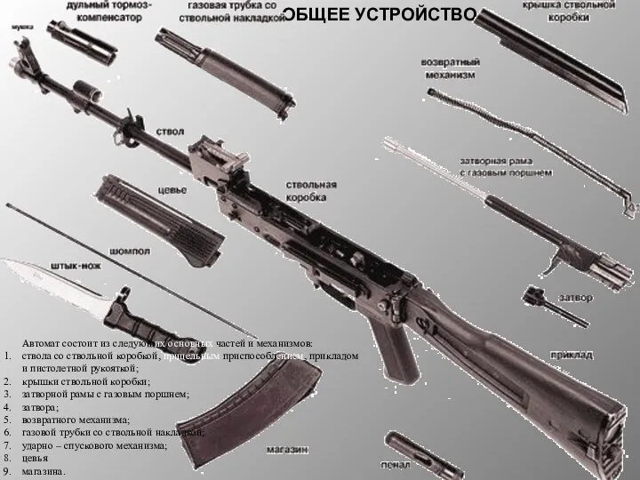 ОБЩЕЕ УСТРОЙСТВО Автомат состоит из следующих основных частей и механизмов: ствола