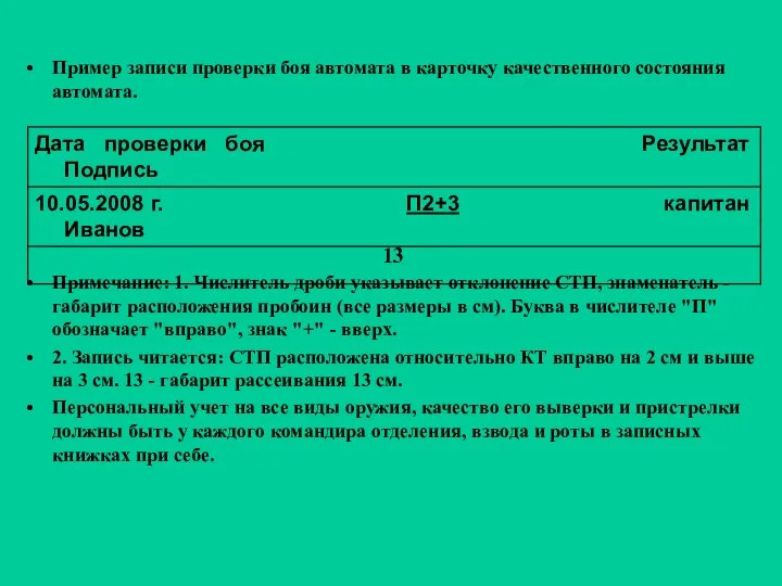 Пример записи проверки боя автомата в карточку качественного состояния автомата. Примечание: