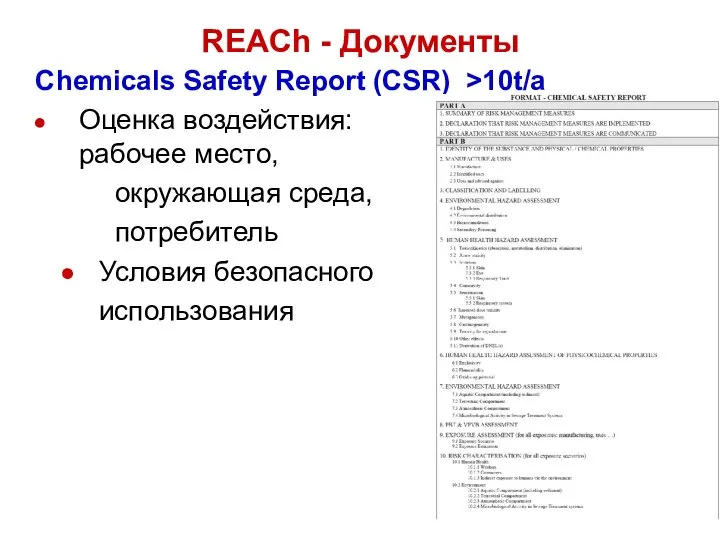 Chemicals Safety Report (CSR) >10t/a Оценка воздействия: рабочее место, окружающая среда,