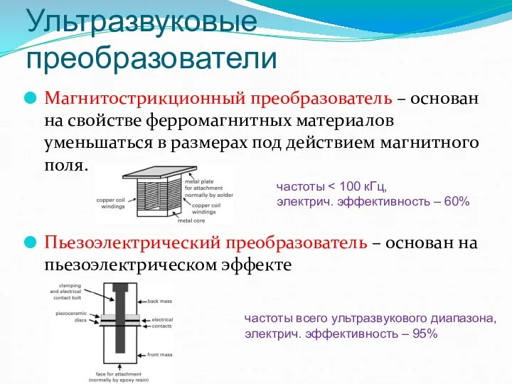 Ультразвуковые преобразователи Магнитострикционный преобразователь – основан на свойстве ферромагнитных материалов уменьшаться