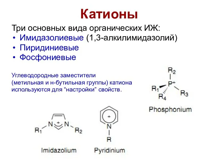 Катионы Три основных вида органических ИЖ: Имидазолиевые (1,3-алкилимидазолий) Пиридиниевые Фосфониевые Углеводородные