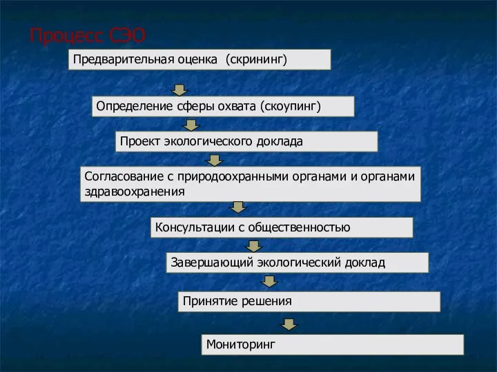 Процесс СЭО Предварительная оценка (скрининг) Определение сферы охвата (скоупинг) Проект экологического