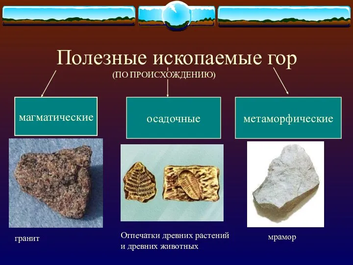 Полезные ископаемые гор осадочные метаморфические магматические Отпечатки древних растений и древних животных гранит мрамор (ПО ПРОИСХОЖДЕНИЮ)