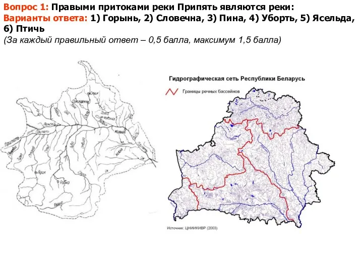 Вопрос 1: Правыми притоками реки Припять являются реки: Варианты ответа: 1)