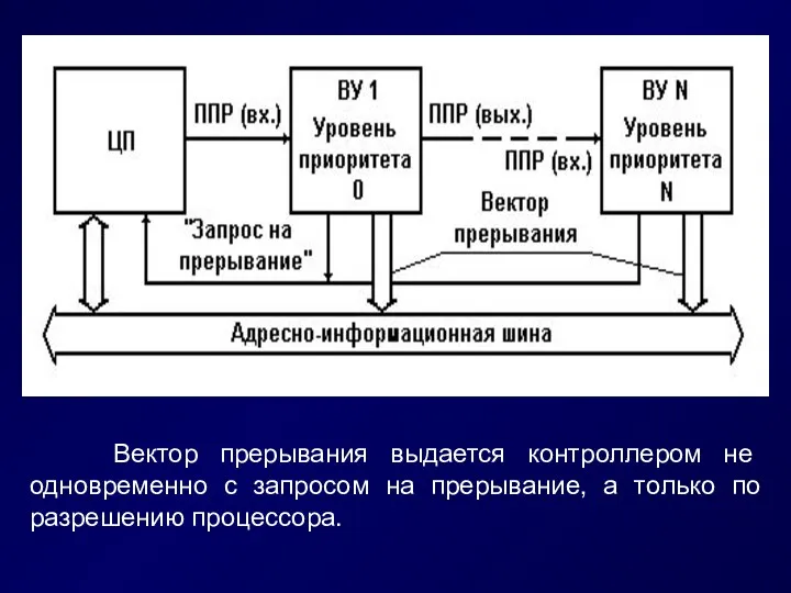 Вектор прерывания выдается контроллером не одновременно с запросом на прерывание, а только по разрешению процессора.