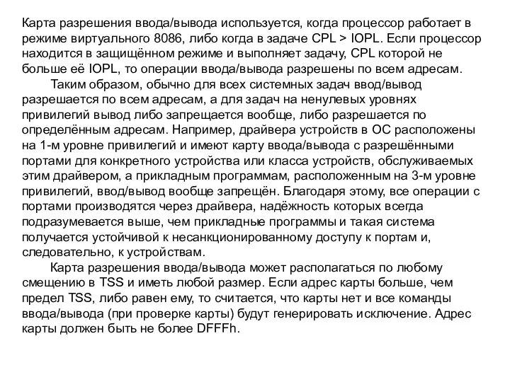 Карта разрешения ввода/вывода используется, когда процессор работает в режиме виртуального 8086,