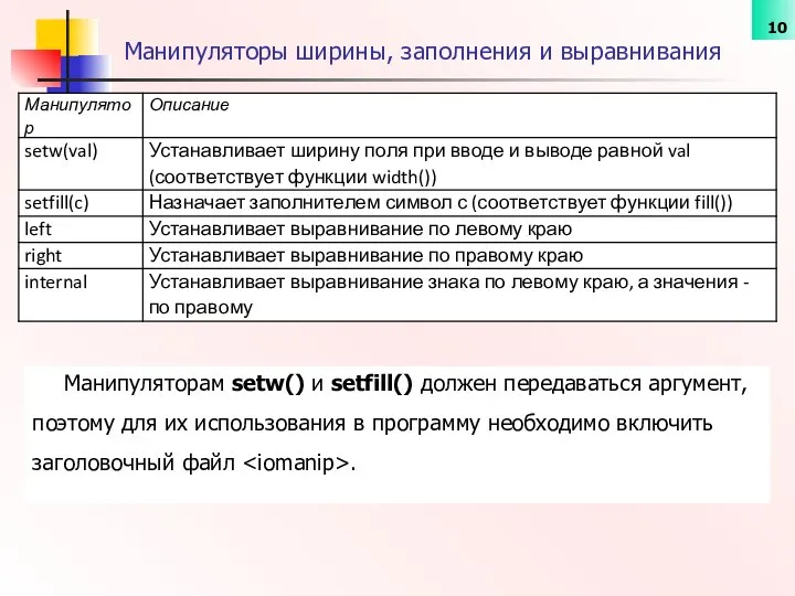 Манипуляторы ширины, заполнения и выравнивания Манипуляторам setw() и setfill() должен передаваться