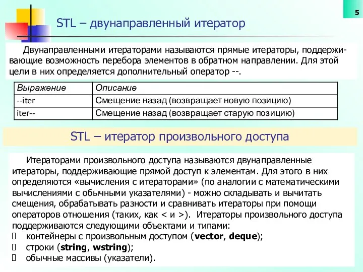 STL – двунаправленный итератор Двунаправленными итераторами называются прямые итераторы, поддержи-вающие возможность