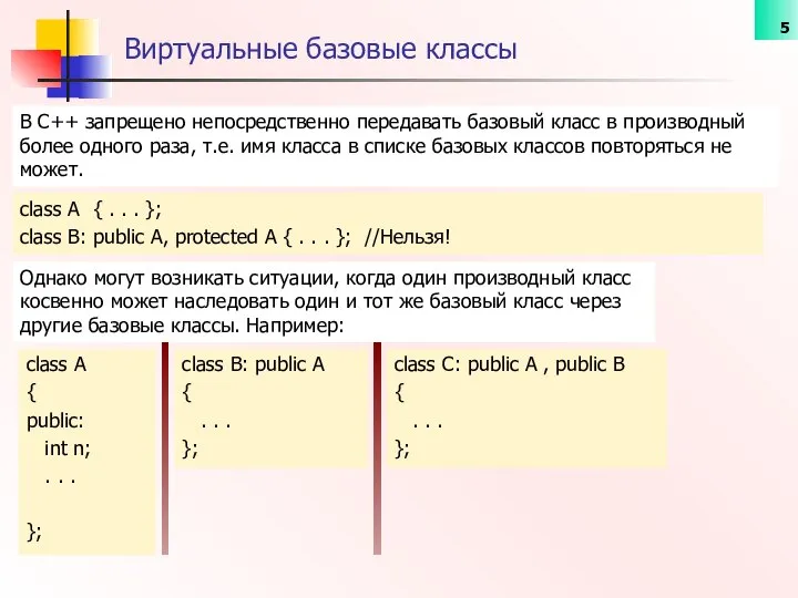 Виртуальные базовые классы class A { . . . }; class