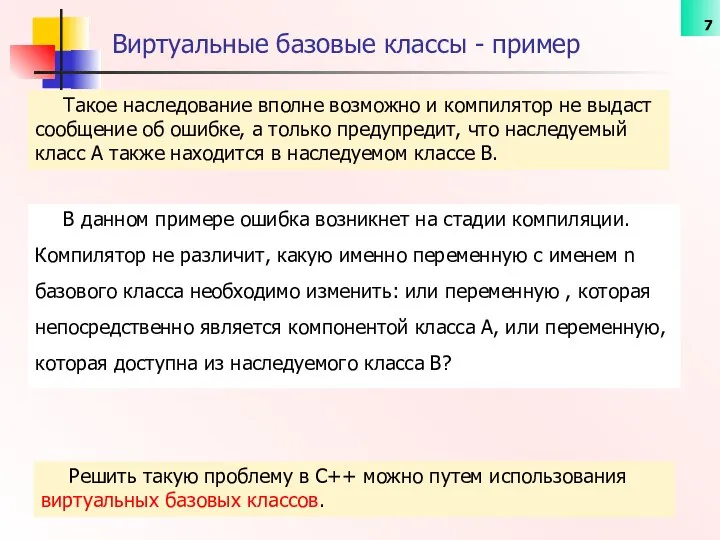 Виртуальные базовые классы - пример Такое наследование вполне возможно и компилятор