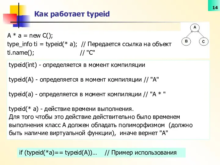 A * a = new C(); type_info ti = typeid(* a);