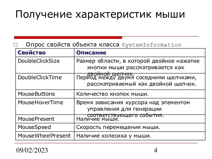 09/02/2023 Получение характеристик мыши Опрос свойств объекта класса SystemInformation