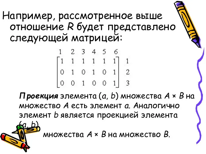Например, рассмотренное выше отношение R будет представлено следующей матрицей: Проекция элемента