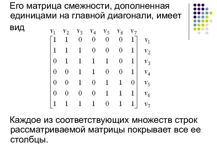 Его матрица смежности, дополненная единицами на главной диагонали, имеет вид Каждое