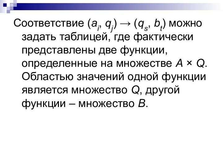 Соответствие (ai, qj) → (qs, bt) можно задать таблицей, где фактически