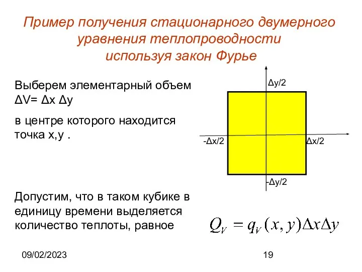 09/02/2023 Пример получения стационарного двумерного уравнения теплопроводности используя закон Фурье Выберем