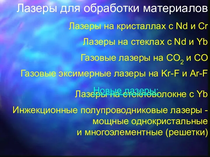 Лазеры для обработки материалов Лазеры на кристаллах с Nd и Cr