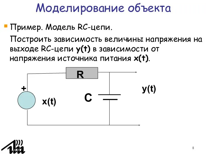 Моделирование объекта Пример. Модель RC-цепи. Построить зависимость величины напряжения на выходе