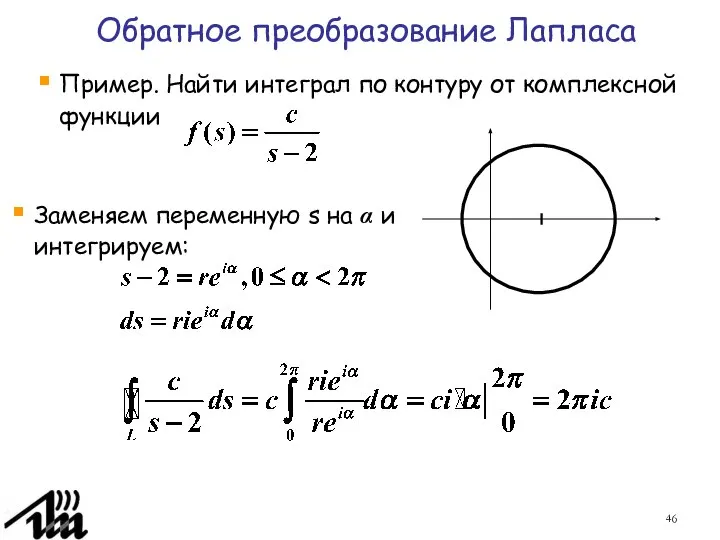 Обратное преобразование Лапласа Пример. Найти интеграл по контуру от комплексной функции