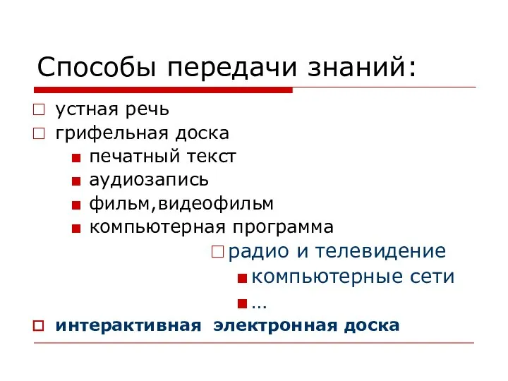 Способы передачи знаний: устная речь грифельная доска печатный текст аудиозапись фильм,видеофильм