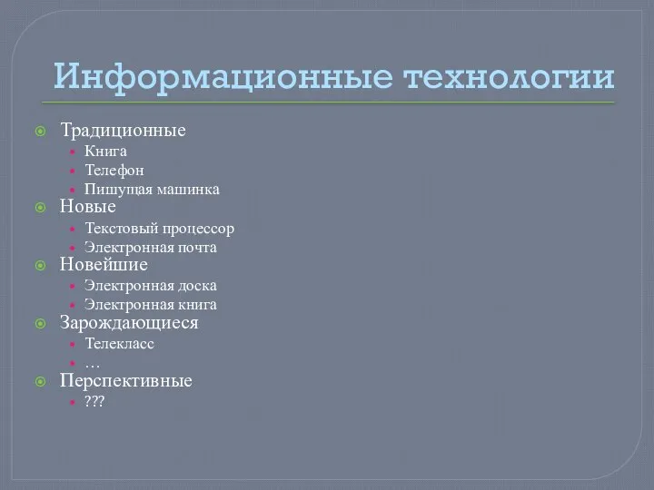 Информационные технологии Традиционные Книга Телефон Пишущая машинка Новые Текстовый процессор Электронная