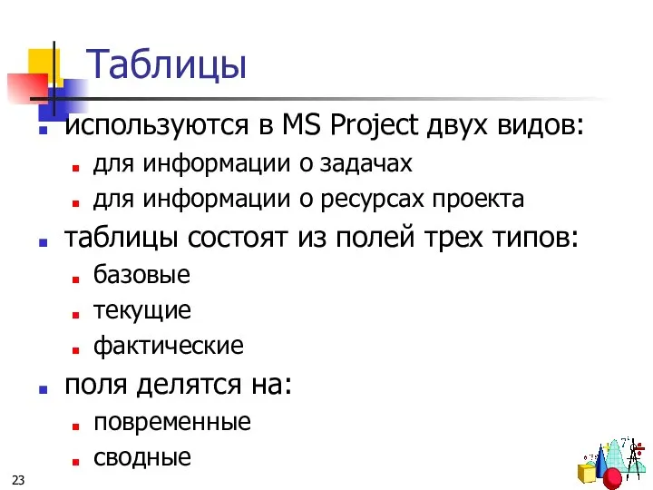 Таблицы используются в MS Project двух видов: для информации о задачах