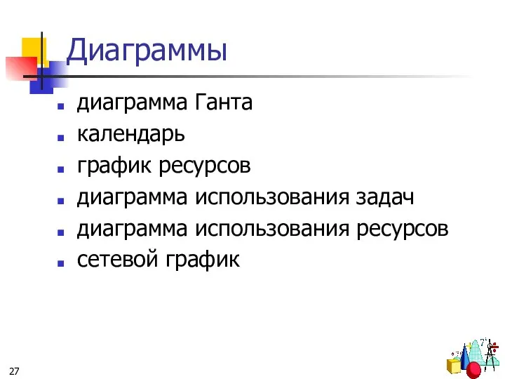 Диаграммы диаграмма Ганта календарь график ресурсов диаграмма использования задач диаграмма использования ресурсов сетевой график