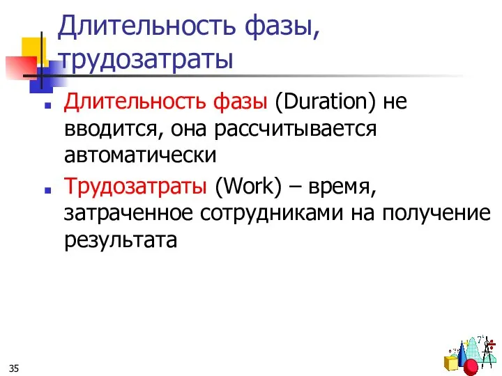 Длительность фазы, трудозатраты Длительность фазы (Duration) не вводится, она рассчитывается автоматически