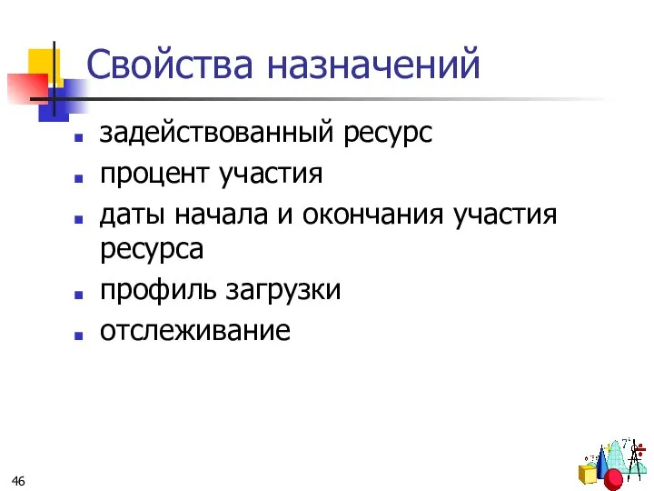 Свойства назначений задействованный ресурс процент участия даты начала и окончания участия ресурса профиль загрузки отслеживание