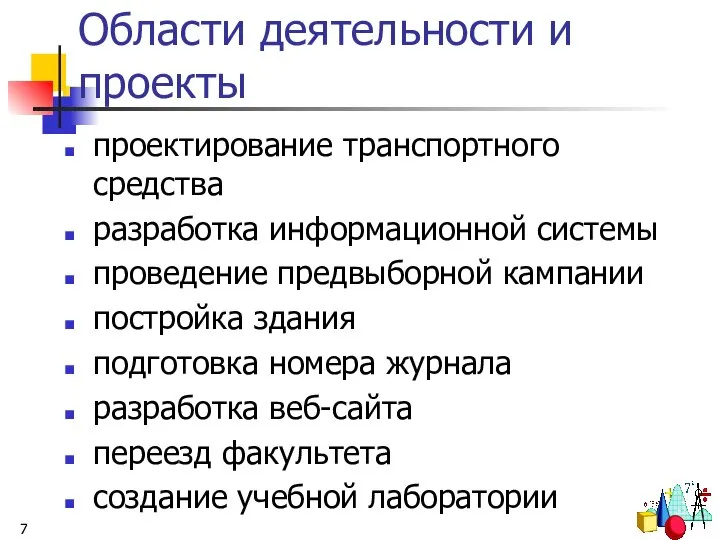 Области деятельности и проекты проектирование транспортного средства разработка информационной системы проведение