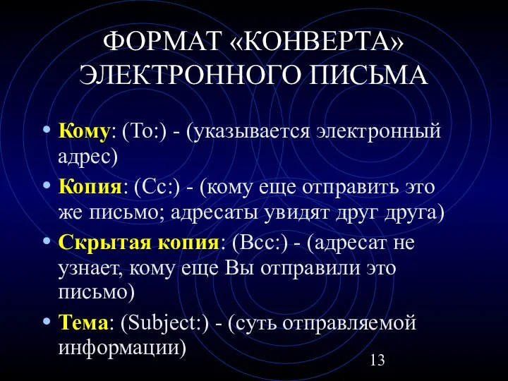 ФОРМАТ «КОНВЕРТА» ЭЛЕКТРОННОГО ПИСЬМА Кому: (To:) - (указывается электронный адрес) Копия: