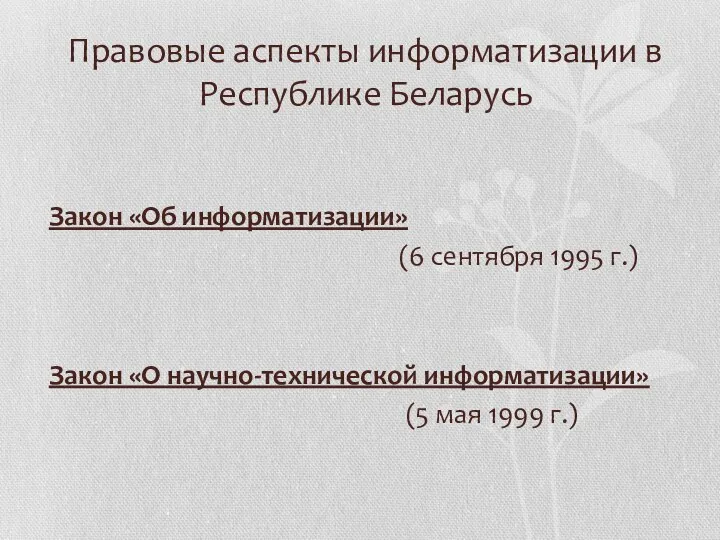 Правовые аспекты информатизации в Республике Беларусь Закон «Об информатизации» (6 сентября