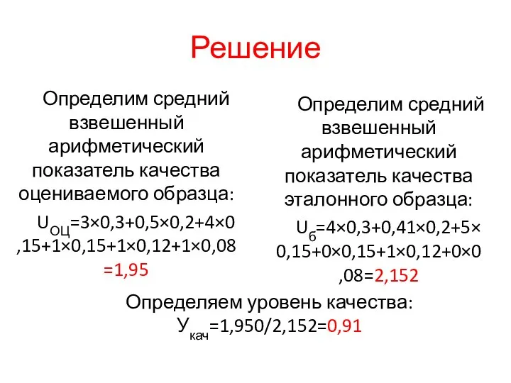 Решение Определим средний взвешенный арифметический показатель качества оцениваемого образца: UОЦ=3×0,3+0,5×0,2+4×0,15+1×0,15+1×0,12+1×0,08=1,95 Определим