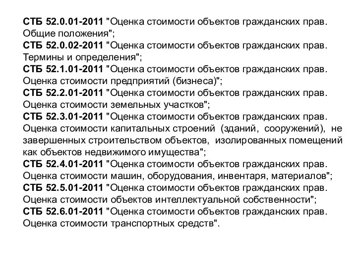 СТБ 52.0.01-2011 "Оценка стоимости объектов гражданских прав. Общие положения"; СТБ 52.0.02-2011