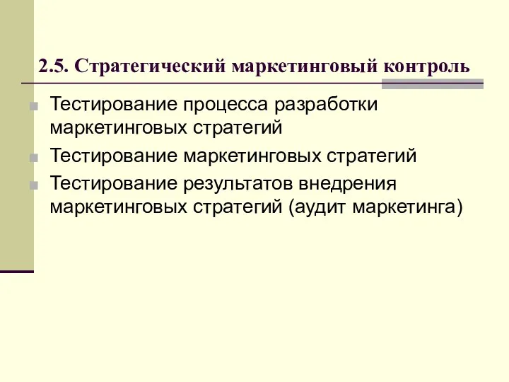 2.5. Стратегический маркетинговый контроль Тестирование процесса разработки маркетинговых стратегий Тестирование маркетинговых