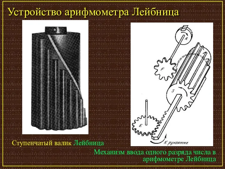 Устройство арифмометра Лейбница Ступенчатый валик Лейбница Механизм ввода одного разряда числа в арифмометре Лейбница