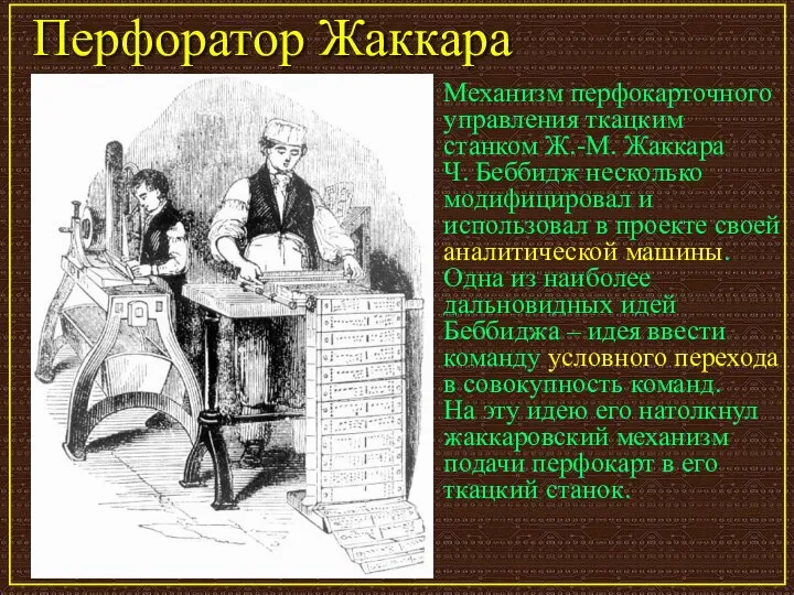 Перфоратор Жаккара Механизм перфокарточного управления ткацким станком Ж.-М. Жаккара Ч. Беббидж