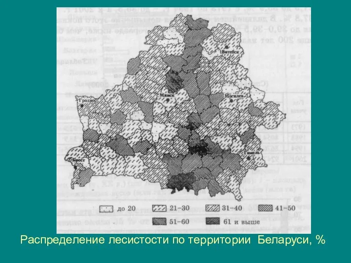 Распределение лесистости по территории Беларуси, %