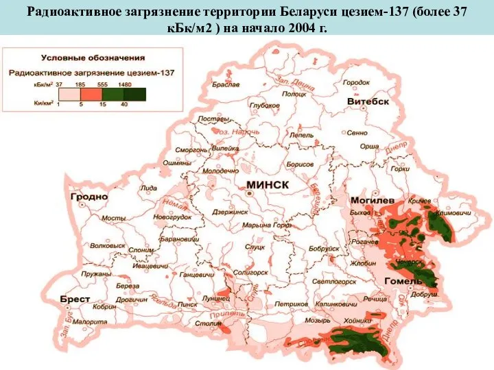 Радиоактивное загрязнение территории Беларуси цезием-137 (более 37 кБк/м2 ) на начало 2004 г.